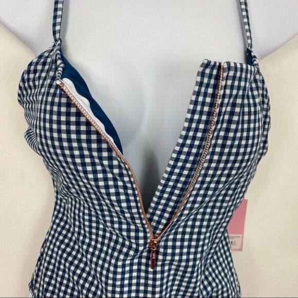Juicy Couture WMNS L Blue Gingham One Piece Zip Up Swimsuit Open Back Classic - Picture 5 of 11